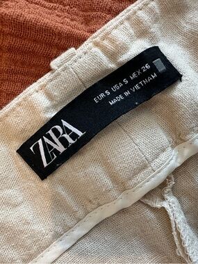 Zara Cream Linen-Blend Top with Black Logo Tag